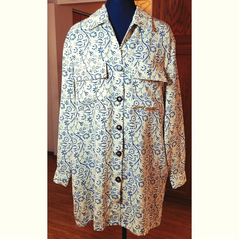 Blue Floral Long Sleeve Shirt Dress